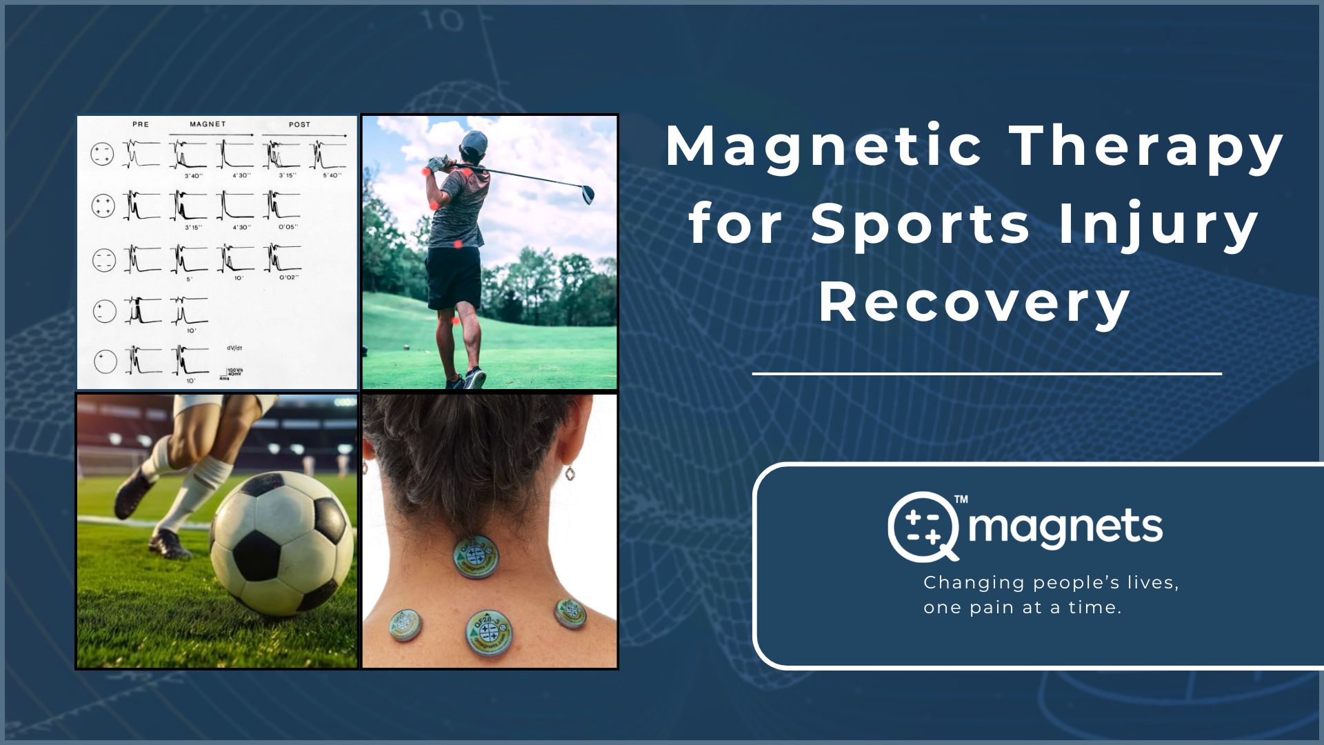 Graphic about magnetic therapy for sports injury recovery featuring athletes, wellness magnets, and recovery support imagery.